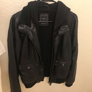 Women’s Obey Faux Leather Black Jacket with Hoodie